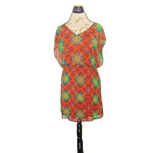 Alya Dress Size Medium Womens Short Sleeve Sheer Lined Keyhole Y2K Orange Green